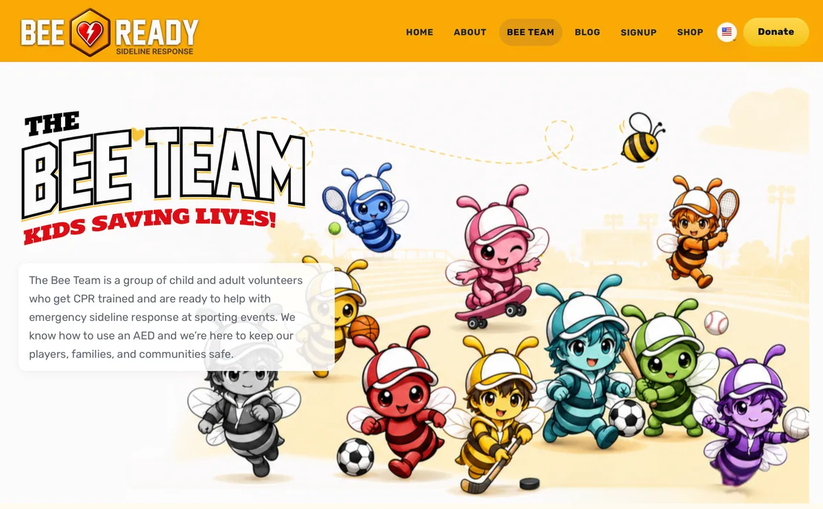 The BeeReady Bee Team page, showing cartoon bees playing sports beside a description of the volunteer program.